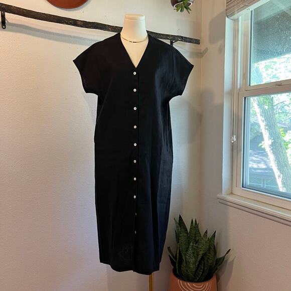 Two Days Off Kaneko Black Linen Button Front Cap Sleeve Midi Dress Size Medium - Picture 1 of 12